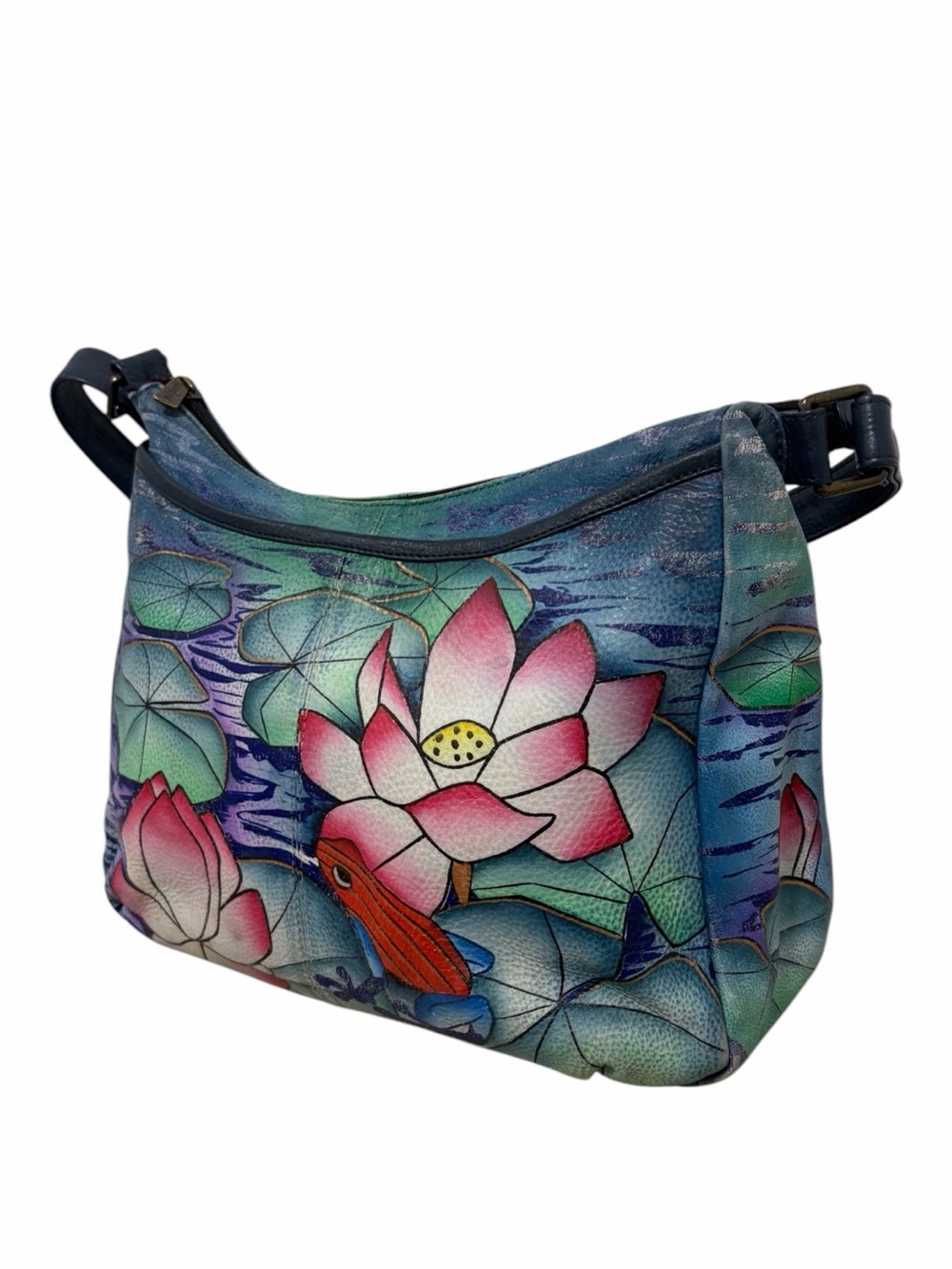 Anuschka Blue & Pink Lotus Flower Leather Wearable Art Shoulder Bag